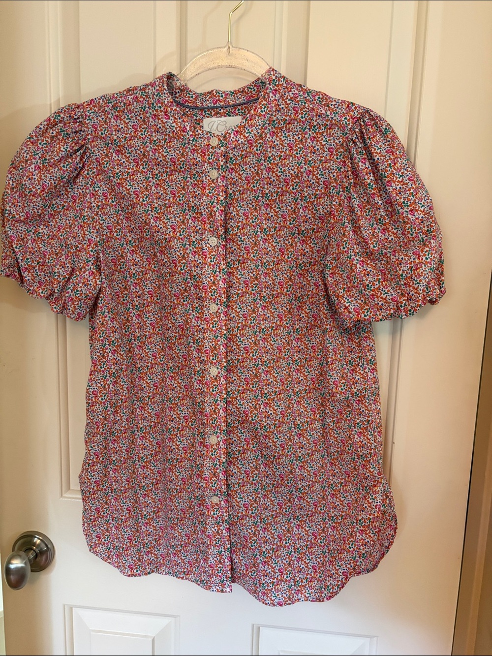 J. Crew Pink Multi Floral Puff Sleeve Button-Front Blouse